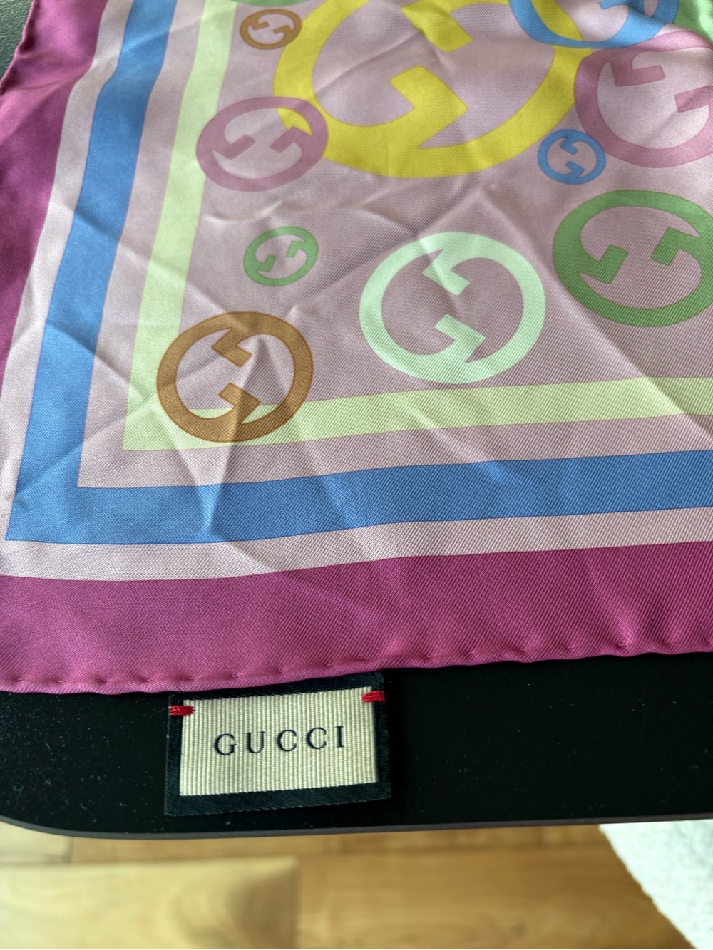 Gucci 100% Silk Interlocking G Logo Scarf Pink Multicolor w/ Box